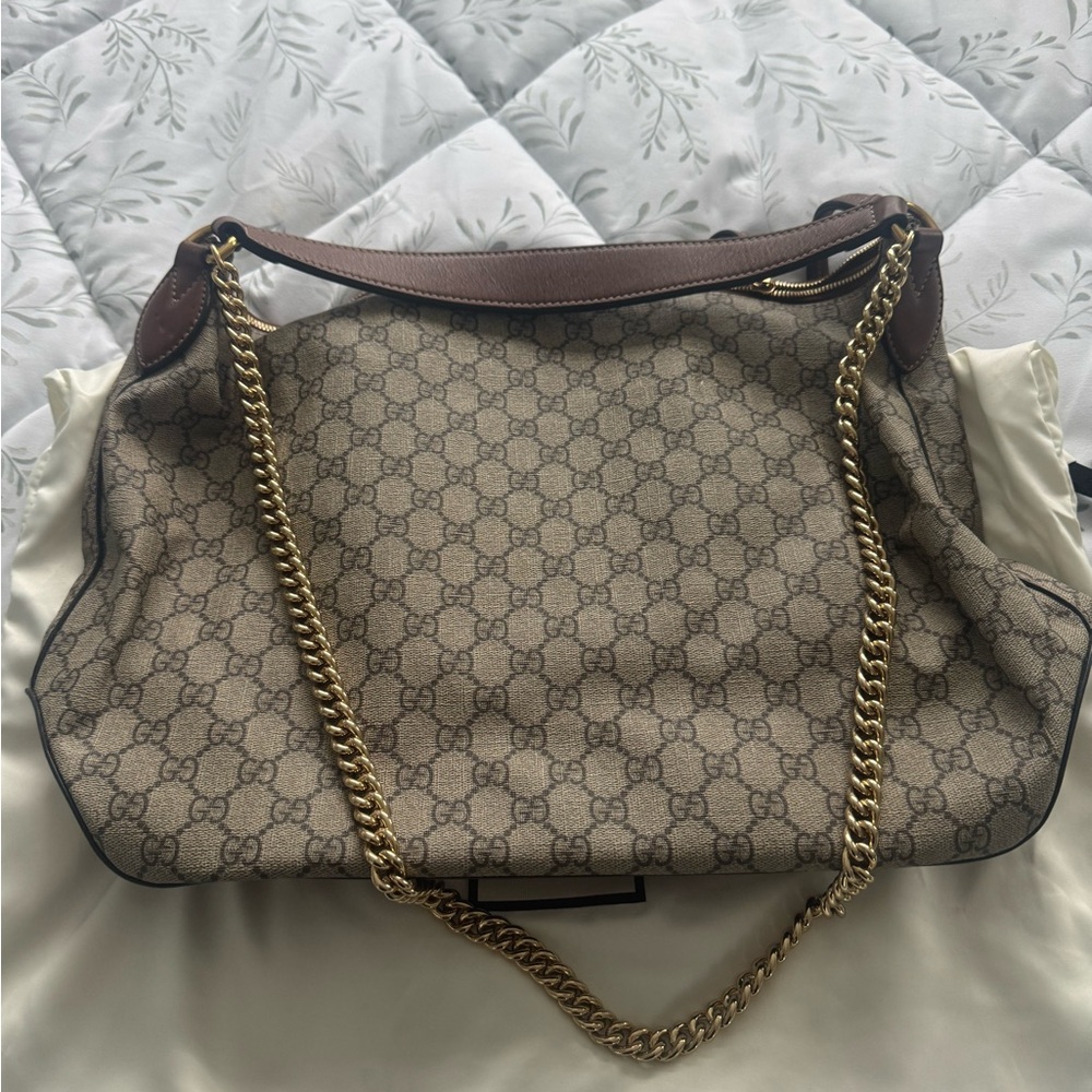Gucci Beige and Brown Shoulder Bag with Gold Chain